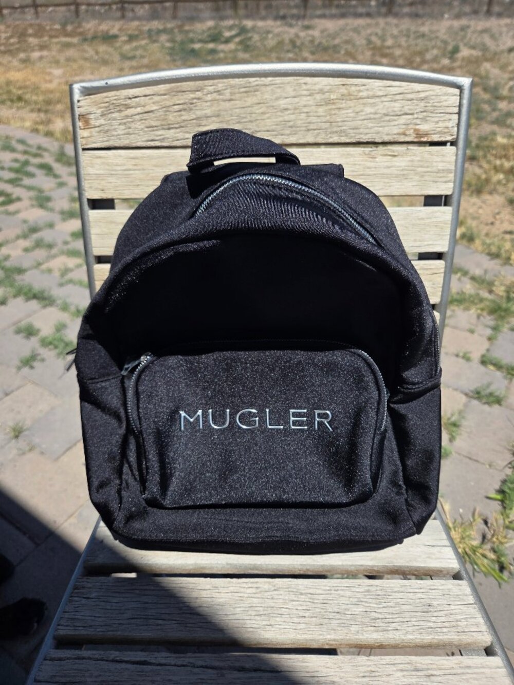 MUGLER Unisex Neoprene-Like Fabric Backpack Black w/Silvertone Accents NWOT